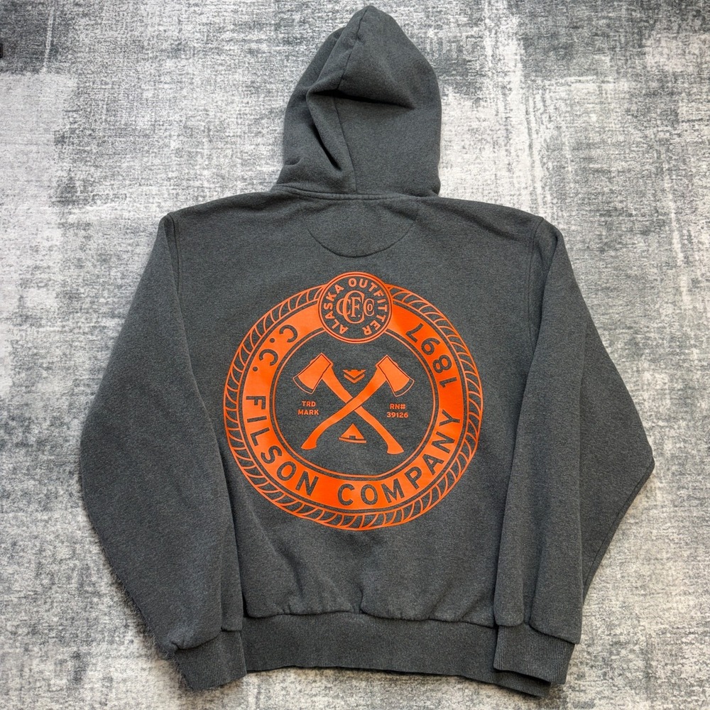 CC Filson Prospector Hoodie Mens Large Grey Heavy Fleece Sweatshirt Alaska Axes